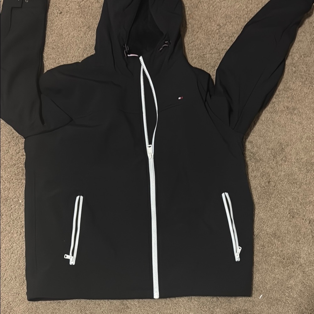 Tommy Hilfiger Black Performance Jacket with Hood and Water-Resistant Finish